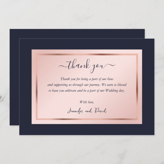 Modern Script Navy Blauw Blush Roze Goud Bedankkaart (Voorkant / Achterkant)