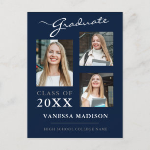 Modern Script Navy Blue Afstuderen kondiging Briefkaart