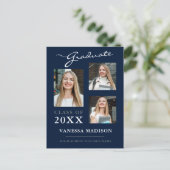 Modern Script Navy Blue Afstuderen kondiging Briefkaart (Staand voorkant)