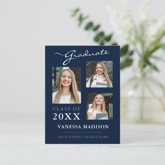 Modern Script Navy Blue Afstuderen kondiging Briefkaart (Staand voorkant)