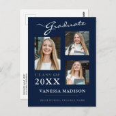 Modern Script Navy Blue Afstuderen kondiging Briefkaart (Voorkant / Achterkant)