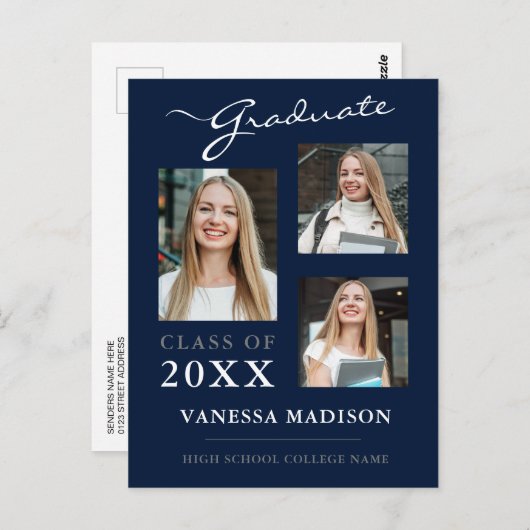 Modern Script Navy Blue Afstuderen kondiging Briefkaart (Voorkant / Achterkant)