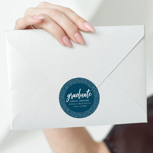 Modern Script Navy Blue Afstuderen Ronde Sticker