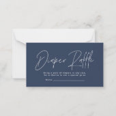 Modern script navy blue baby shower diaper raffle notitiekaartje (Voorkant)