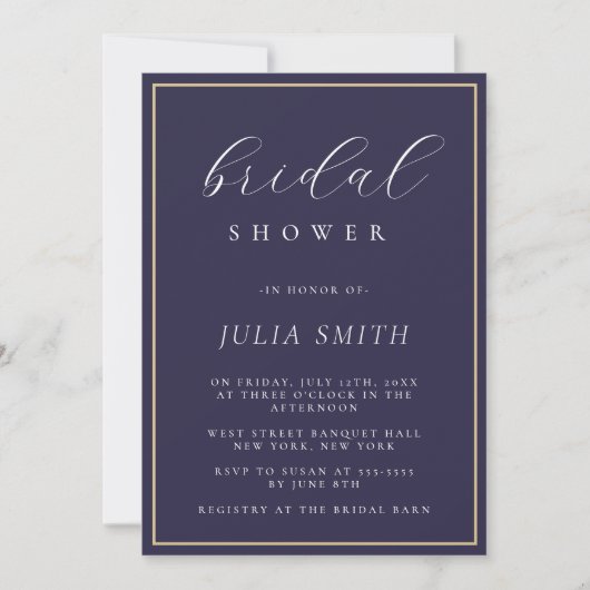 Modern Script Navy Blue Bridal Shower Uitnodiging (Voorkant)