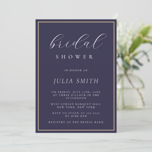 Modern Script Navy Blue Bridal Shower Uitnodiging (Staand voorkant)