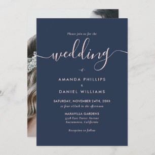 Modern Script Navy Blue en Blush Photo Wedding Kaart