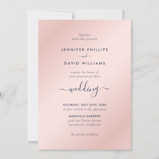Modern Script Navy Blue en Blush Wedding Kaart (Voorkant)