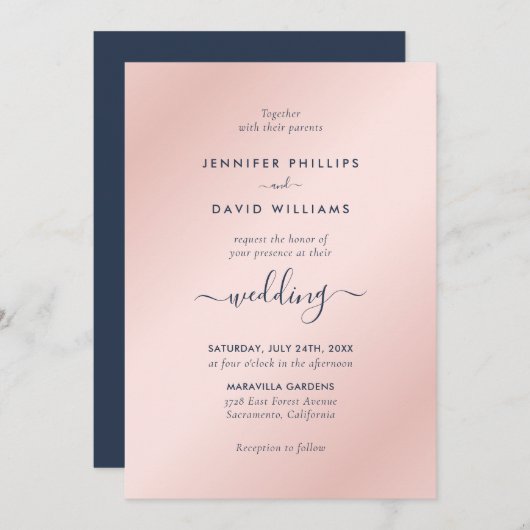 Modern Script Navy Blue en Blush Wedding Kaart (Voorkant / Achterkant)