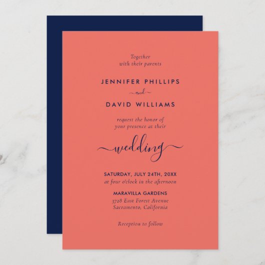 Modern Script Navy Blue en Coral Wedding Kaart (Voorkant / Achterkant)