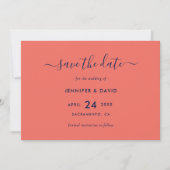 Modern Script Navy Blue en Coral Wedding Save The Date (Voorkant)