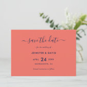 Modern Script Navy Blue en Coral Wedding Save The Date (Staand voorkant)