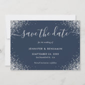 Modern Script Navy Blue en Silver Glitter Wedding Save The Date (Voorkant)