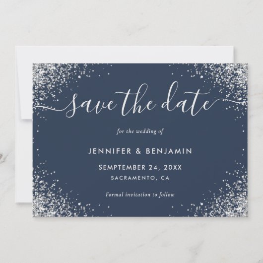Modern Script Navy Blue en Silver Glitter Wedding Save The Date (Voorkant)