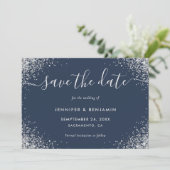 Modern Script Navy Blue en Silver Glitter Wedding Save The Date (Staand voorkant)