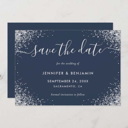 Modern Script Navy Blue en Silver Glitter Wedding Save The Date (Voorkant / Achterkant)