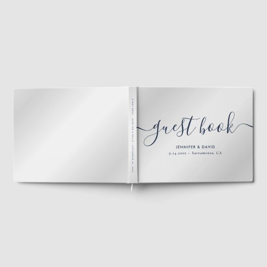 Modern Script Navy Blue en Silver Wedding Gastenboek (Volledig)
