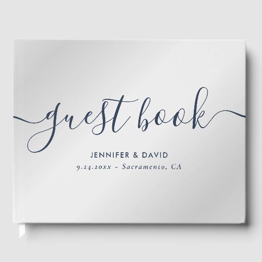 Modern Script Navy Blue en Silver Wedding Gastenboek (Voorkant)