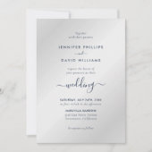 Modern Script Navy Blue en Silver Wedding Kaart (Voorkant)