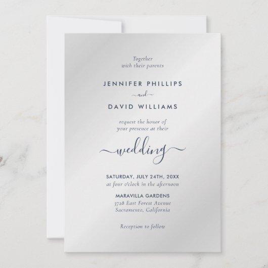 Modern Script Navy Blue en Silver Wedding Kaart (Voorkant)
