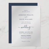 Modern Script Navy Blue en Silver Wedding Kaart (Voorkant / Achterkant)