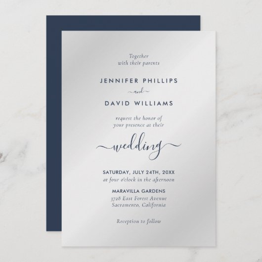 Modern Script Navy Blue en Silver Wedding Kaart (Voorkant / Achterkant)