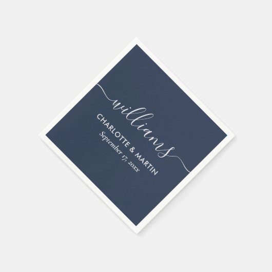 Modern Script Navy Blue en Silver Wedding Servet (Hoek)