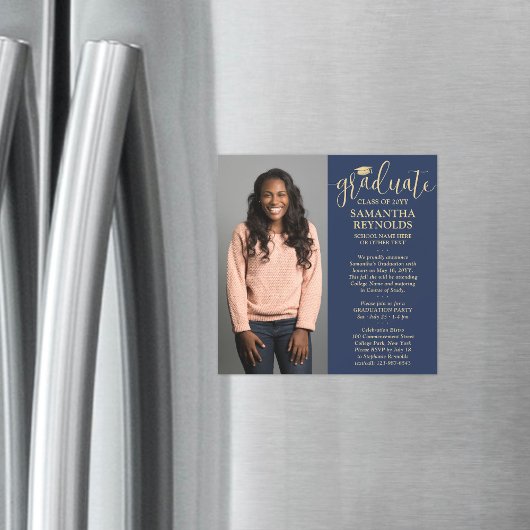 Modern Script Navy Blue & Gold 1 Foto Afstuderen Magnetische Uitnodiging