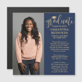 Modern Script Navy Blue & Gold 1 Foto Afstuderen Magnetische Uitnodiging (Voorkant / Achterkant)