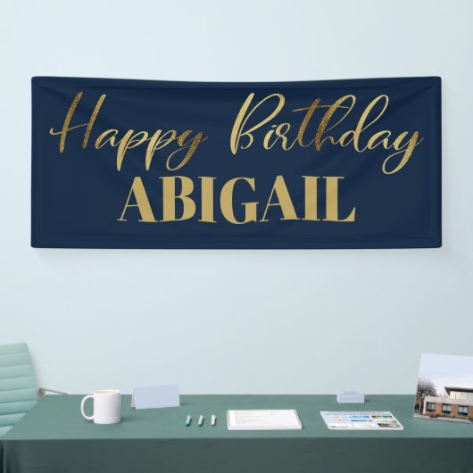 Modern Script Navy Blue Gold Happy Birthday Spandoek (Beurs)