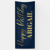 Modern Script Navy Blue Gold Happy Birthday Spandoek (Verticaal)