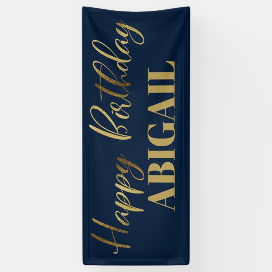 Modern Script Navy Blue Gold Happy Birthday Spandoek (Verticaal)