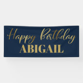 Modern Script Navy Blue Gold Happy Birthday Spandoek (Horizontaal)