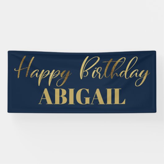 Modern Script Navy Blue Gold Happy Birthday Spandoek (Horizontaal)