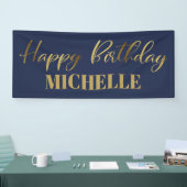 Modern Script Navy Blue Gold Happy Birthday Spandoek (Beurs)