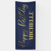 Modern Script Navy Blue Gold Happy Birthday Spandoek (Verticaal)