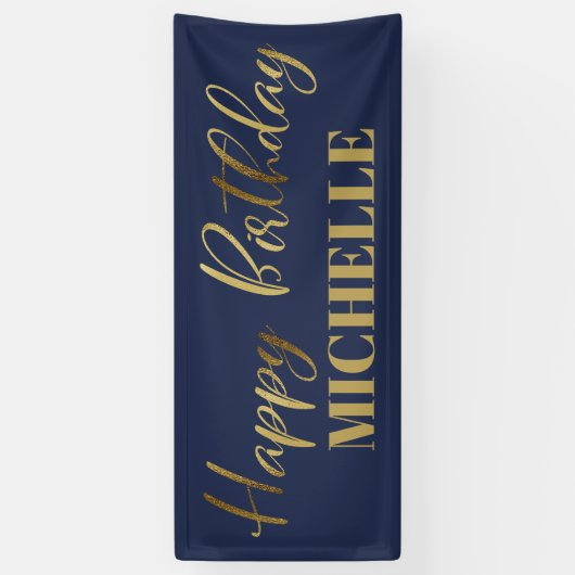 Modern Script Navy Blue Gold Happy Birthday Spandoek (Verticaal)
