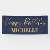 Modern Script Navy Blue Gold Happy Birthday Spandoek (Horizontaal)