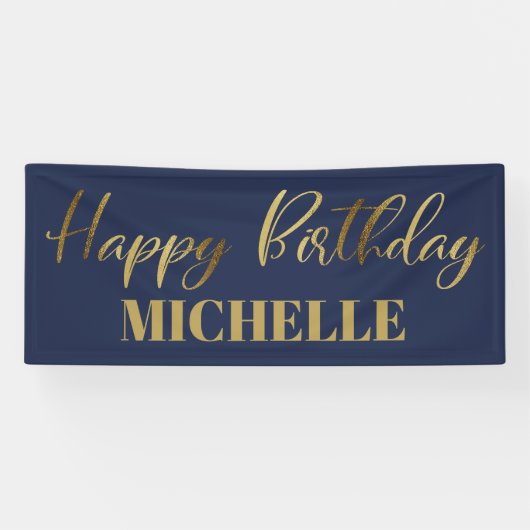 Modern Script Navy Blue Gold Happy Birthday Spandoek (Horizontaal)