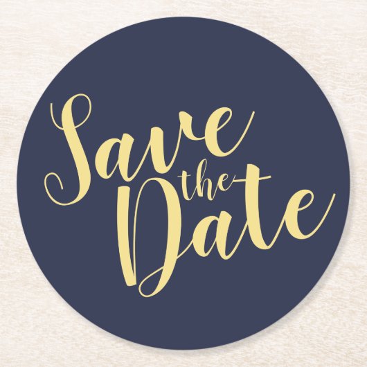 Modern Script Navy Blue Gold Wedding Save the Date Ronde Kartonnen Onderzetter (Voorkant)