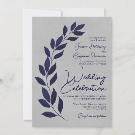 Modern Script Navy Blue Leaves op Grey Wedding Kaart