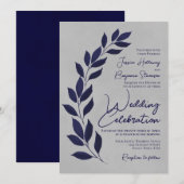 Modern Script Navy Blue Leaves op Grey Wedding Kaart (Voorkant / Achterkant)