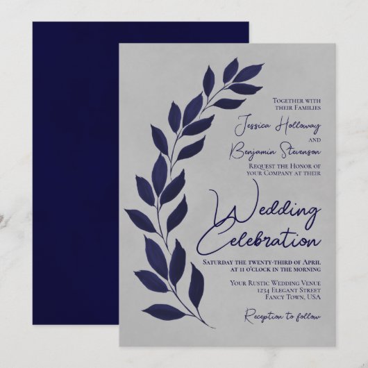 Modern Script Navy Blue Leaves op Grey Wedding Kaart (Voorkant / Achterkant)
