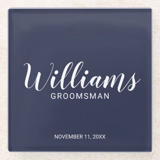Modern Script Navy Blue Personalized Groomsman Glazen Onderzetter (Voorkant)