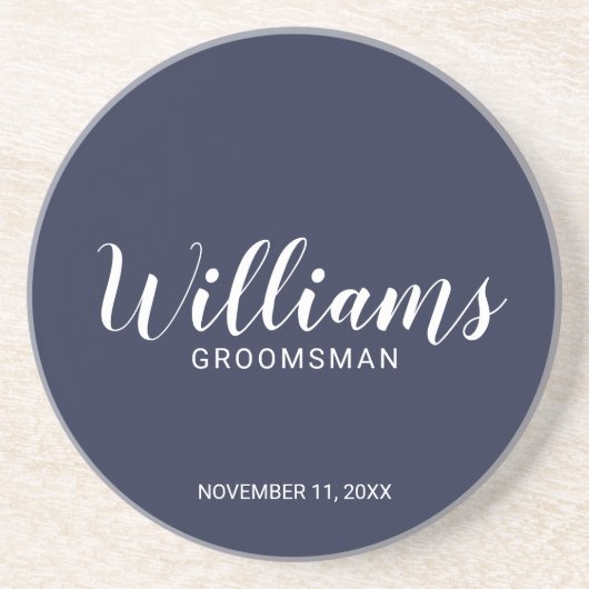 Modern Script Navy Blue Personalized Groomsman Zandsteen Onderzetter (Voorkant)