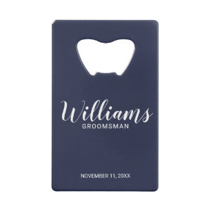 Modern Script Navy Blue Personalized Groomsmen Creditkaart Flessenopener
