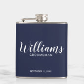 Modern Script Navy Blue Personalized Groomsmen Heupfles