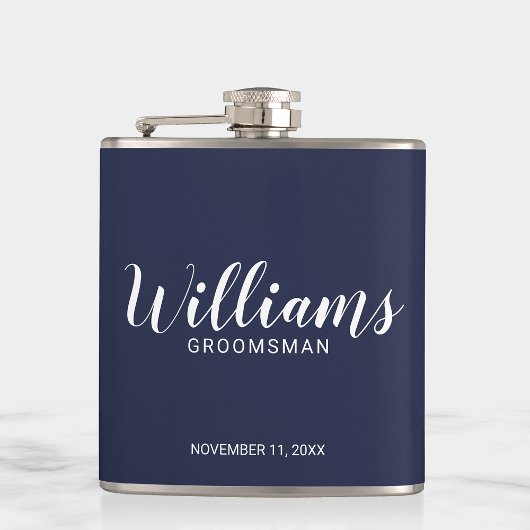 Modern Script Navy Blue Personalized Groomsmen Heupfles