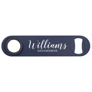 Modern Script Navy Blue Personalized Groomsmen Speed Flessenopener