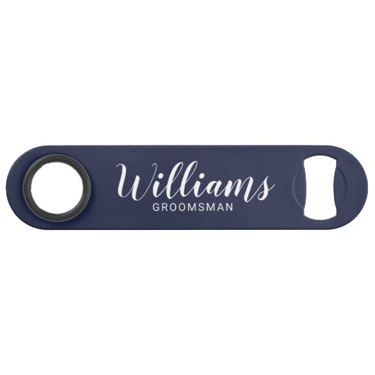 Modern Script Navy Blue Personalized Groomsmen Speed Flessenopener (Voorkant (Horizontaal))
